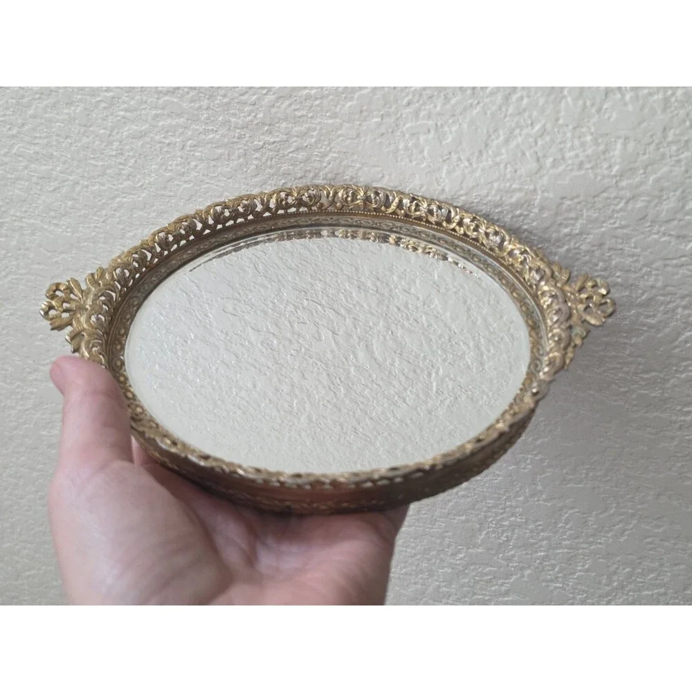 Vintage French Louis XV Style Gilt Bronze Metal Mirror Bow Edge 1970s Small 7